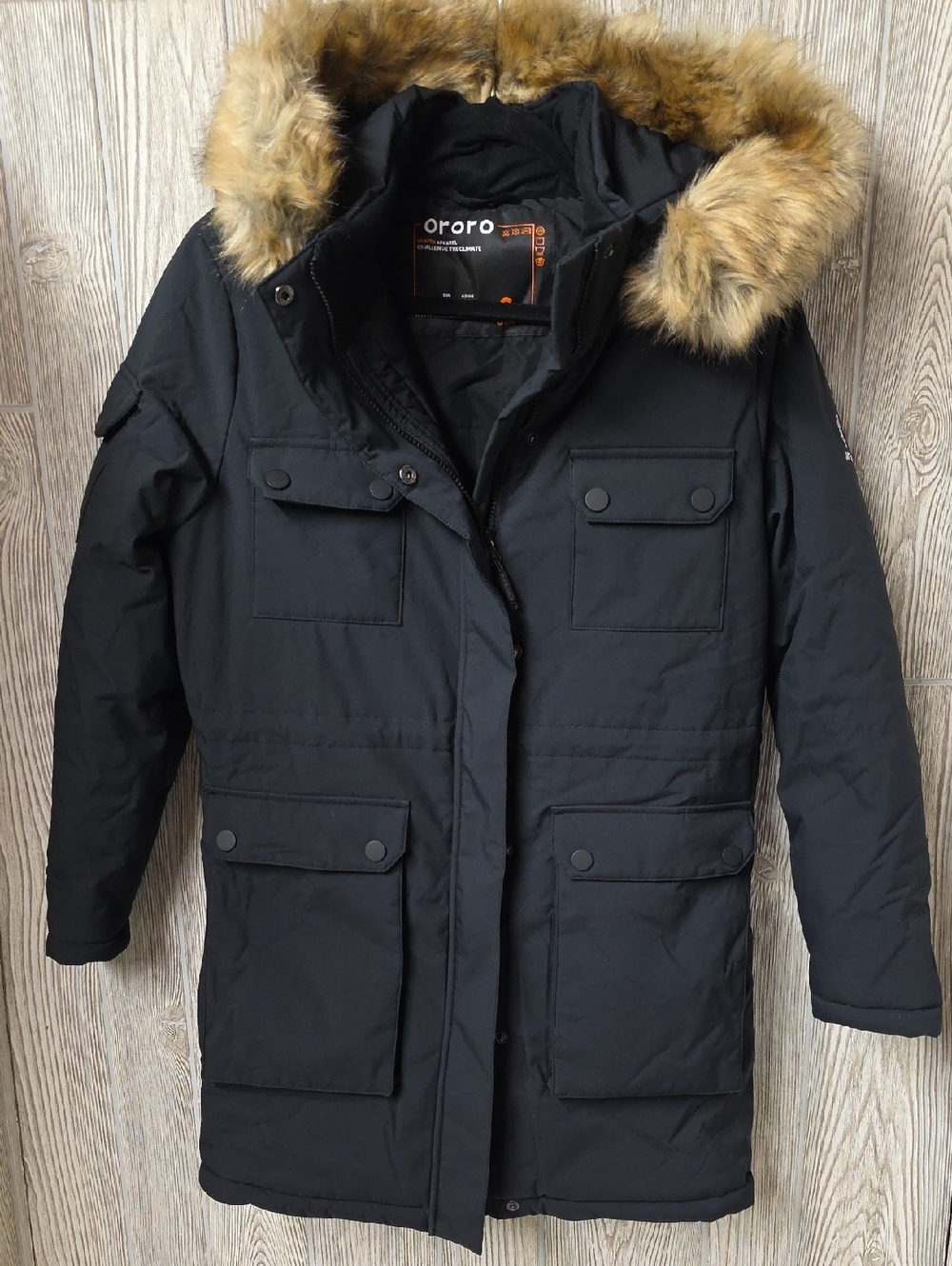 ORORO Womens Heated Thermolite Black Parka with Faux Fur Hood Size Small